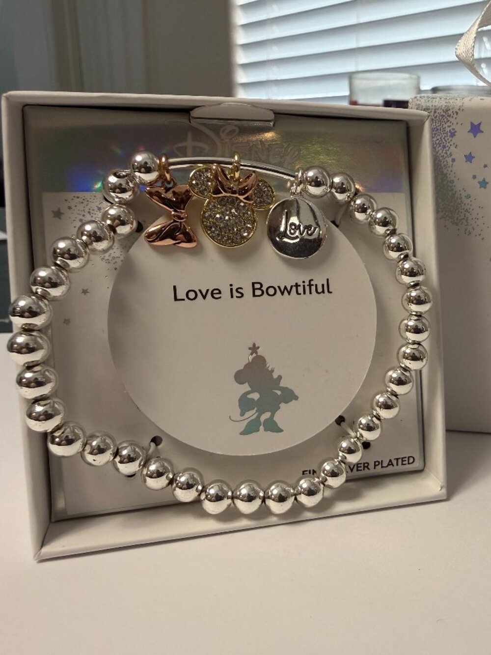 Disney Minnie Mouse "Love is Bowtiful" Silver Stretch Charm Bracelet
